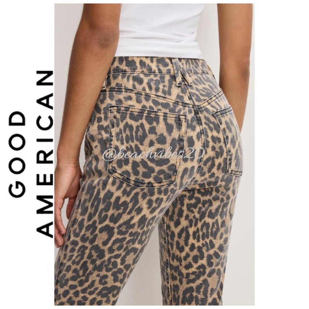 GOOD AMERICAN Good Kick Flare Leopard Jeans Luck Leopard001 8/29 NWT - Picture 5 of 6